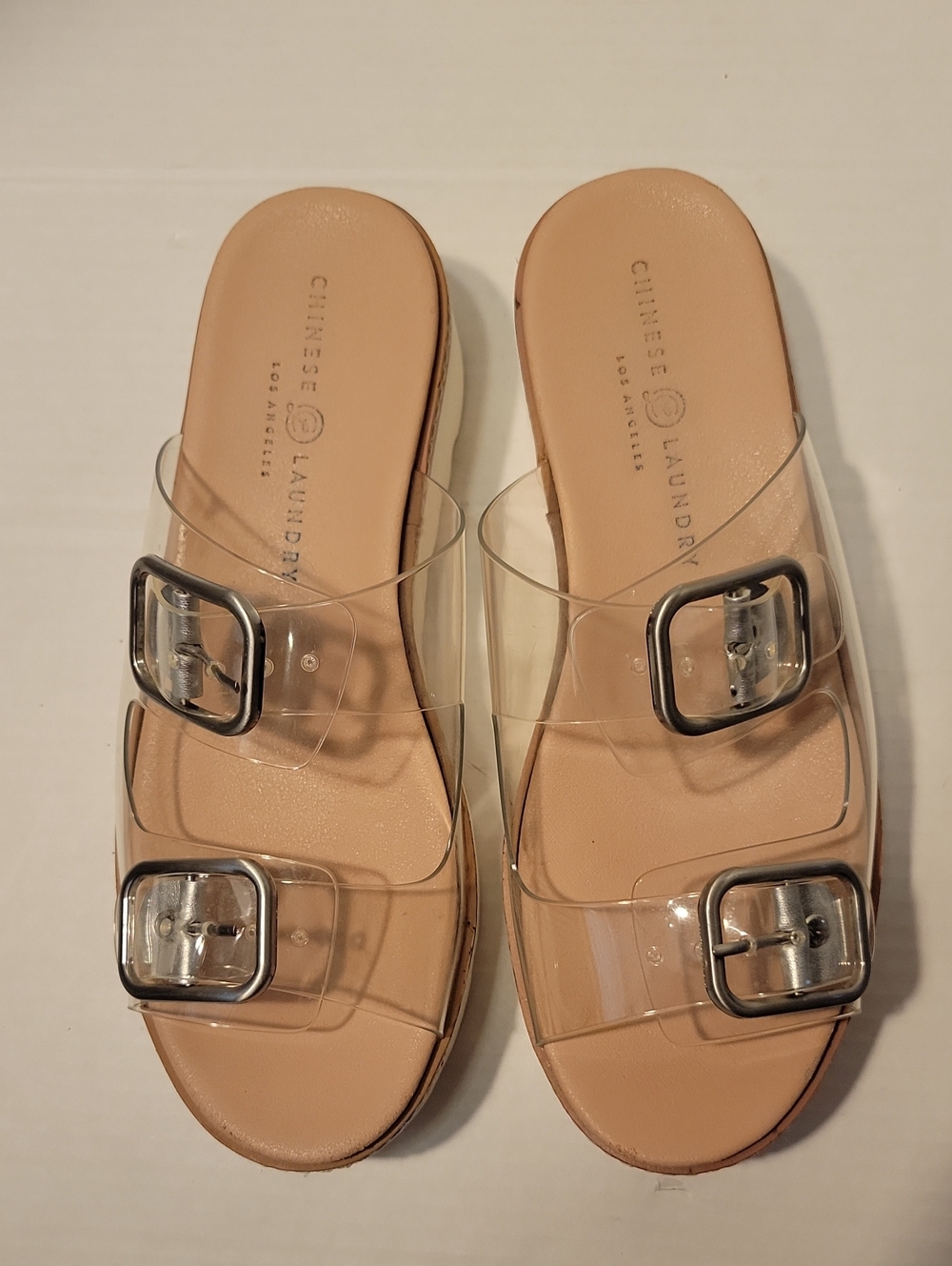 Chinese Laundry Clear Double-Buckle Slide Sandals with Beige Footbed